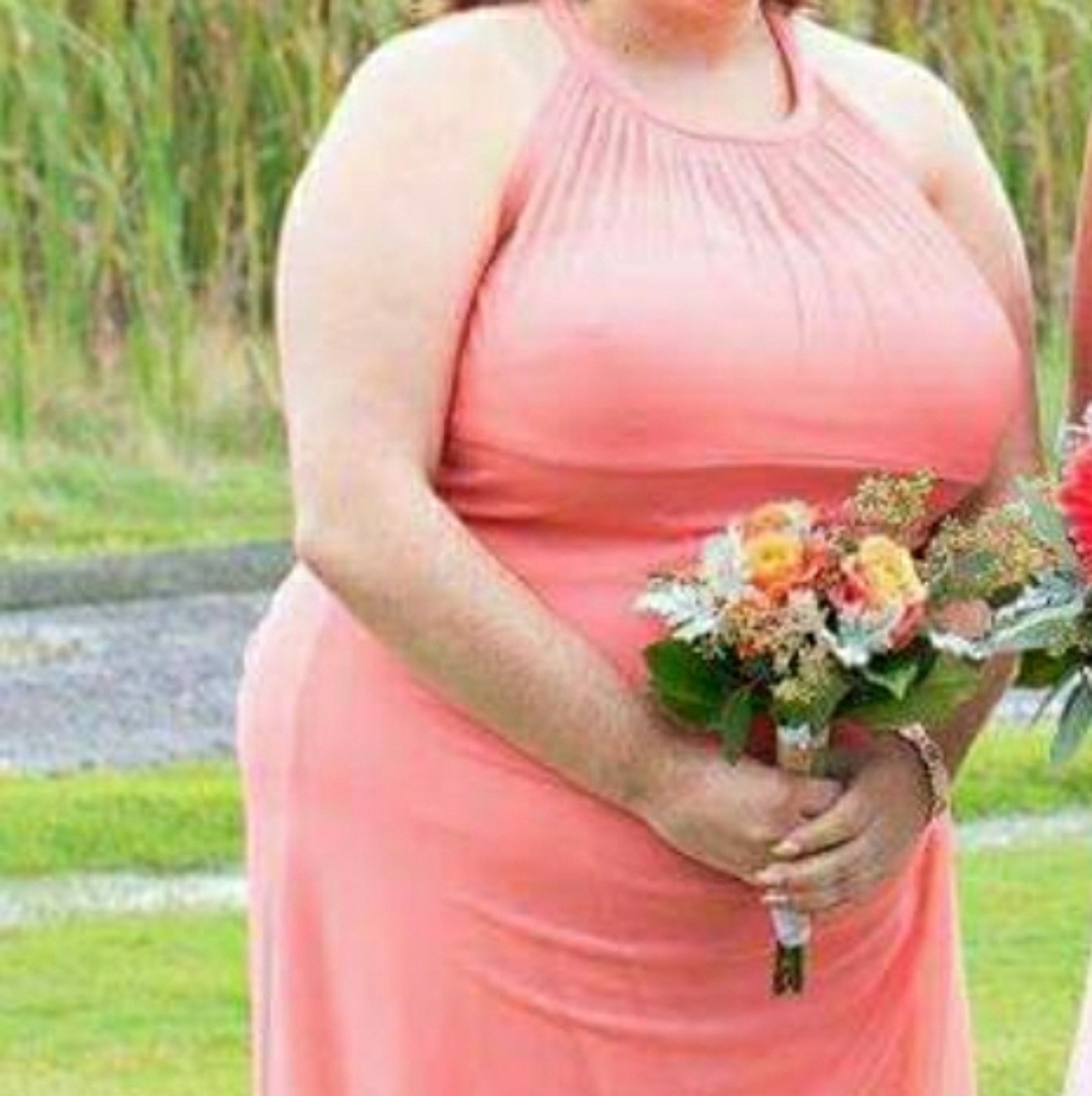 Long coral bridesmaids dress